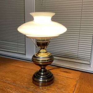 Vintage Brass Electric Lamp with Milk Opal Shape Glass Shade 15.5” Tall.